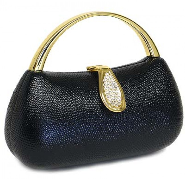 Evening Bag - Liz Embossed Clutch w/ Swarovski Crystal Accent Closure - Black - BG-HPZ166B